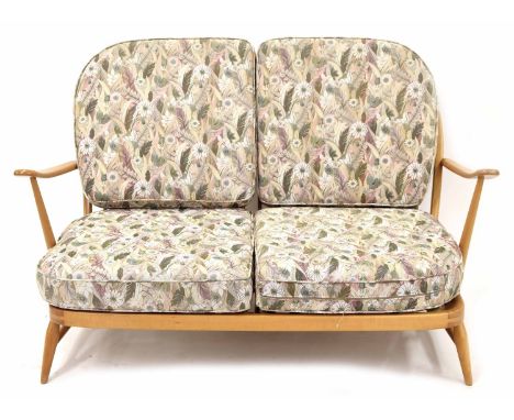 Ercol beech framed stick back twin seat sofa, 52" wide, 37" deep approx, 31" high back 