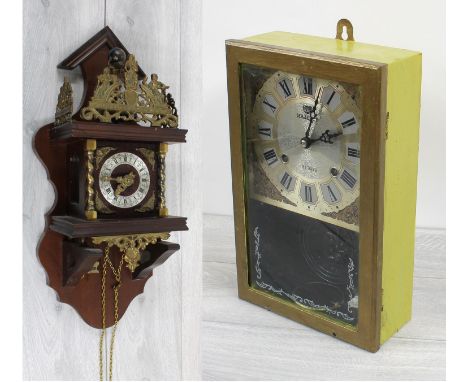 Reproduction Dutch wall clock (staartklok) with applied gilt metal mounts, 20.5" high (with two weights and pendulum); togeth