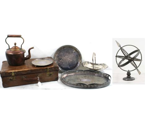 Engraved electroplate on copper butlers tray, 20" wide; garden armillary sun dial 17" high, two smaller circular plated trays
