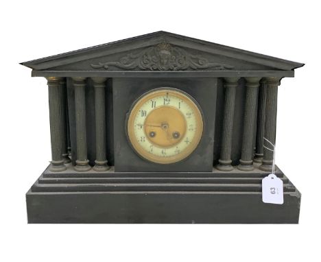 Edwardian black slate two train mantel clock in an architectural pediment case, 11.5" high 