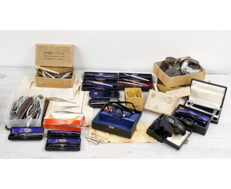 Collection of assorted opticians/medical instruments and apparatus including magnifying glasses, tweezers, mirrors and tools 