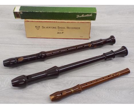 Two vintage boxed wooden recorders, Silvertone School Recorder three piece and Rosetti two piece (Dolmetsch box) 