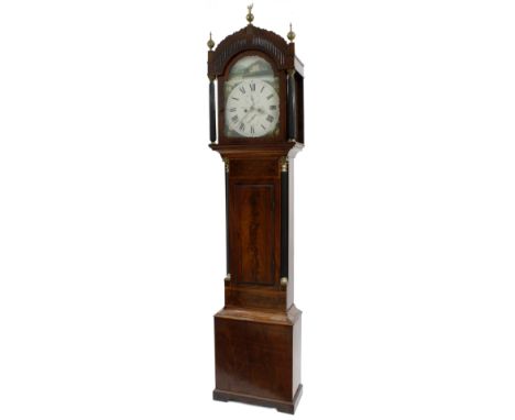 Mahogany eight day longcase clock, the 13" painted arched dial signed Palmer Bristol, with subsidiary seconds and calendar di