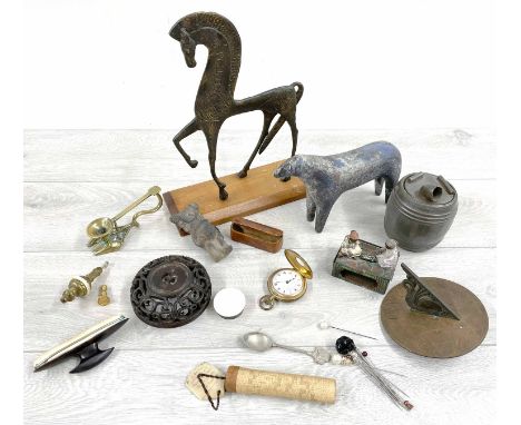 Mixed lot of interesting items&nbsp;to include Chinese hardwood carved pot stand, interesting small pottery figure, gold plat