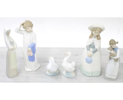 Collection of Spanish porcelain figures including Lladro, NAO and Rosal, the taller figures 11" high approx (6) 