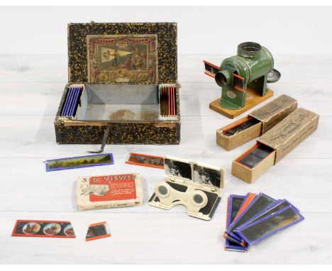 Magic Lantern 'Laterna Magica' by A. W Gamage Ltd, in fitted box with selection of slides and two further boxes of Primus sli