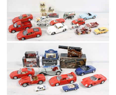 Assorted playworn diecast scale model automobiles;&nbsp;including by Burago, Maisto, Harley Davidson etc. 