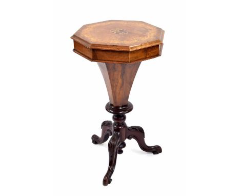 Victorian walnut inlaid octagonal work trumpet table, the hinged top enclosing a divided interior with a central tapered comp