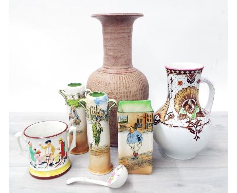 Tall terracotta&nbsp;baluster vase with incised&nbsp;and fluted decoration, 18.5" high, Victorian transfer printed water jug 