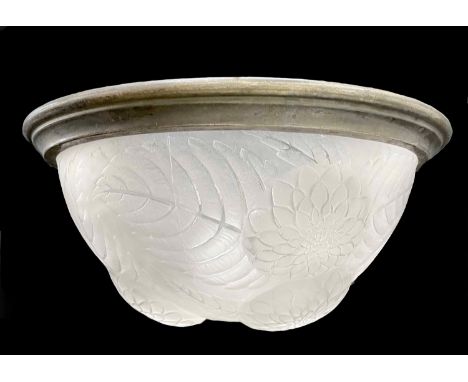 R. Lalique 'Dahlia' frosted glass circular light shade with a gilt metal mount, moulded R. Lalique signature, 12" diameter 