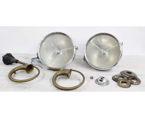 Pair of Joseph Lucas Ltd&nbsp;P100L&nbsp;chrome cased automobile headlamps (pitting to chrome) 12" diameter; together with tw