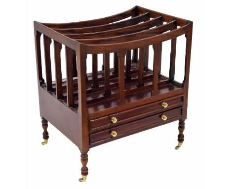 Reproduction stained hardwood Canterbury in the Regency style, the four division top over two shallow drawers and upon short 