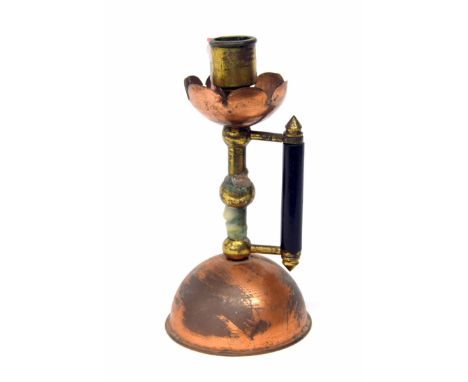 Arts &amp; Crafts copper and brass chamber stick in the manner of Christopher Dresser, 7.5" high 