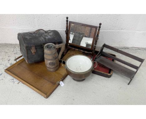 Small 19th century dressing mirror, twin-handled oak tray, lacquered tray, small dome top leather trunk, oak bookholder, oak 