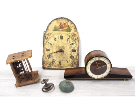 Black&nbsp;Forest wall clock&nbsp;with a painted 10.25" wooden dial; together with a Junghans two train mantel clock, 6.75" h