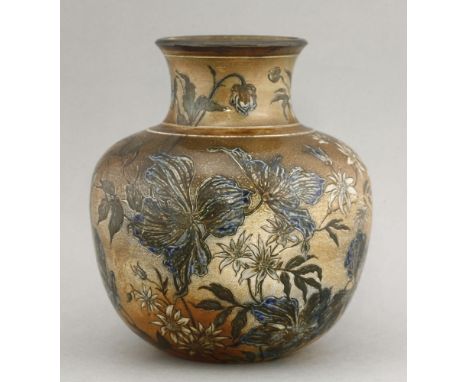 R W Martin & Brothers stoneware vase,dated 1891, incised with blue and white flowers on a two tone ground, incised '12-1891 R