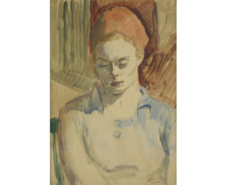 *Ronald Ossory Dunlop RA (1894-1973)PORTRAIT OF A WOMAN IN A BLUE BLOUSE AND RED HEADSCARFSigned l.r., watercolour51 x 37.5cm