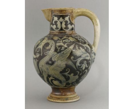 R W Martin & Brothers stoneware ewer, dated 1884, incised with a herm feeding two grotesque monsters, on a brown glaze feedin