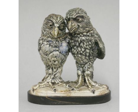 R W Martin & Brothers double bird glazed stoneware jar and cover, dated 1914, modelled by Robert Wallace Martin as two birds,