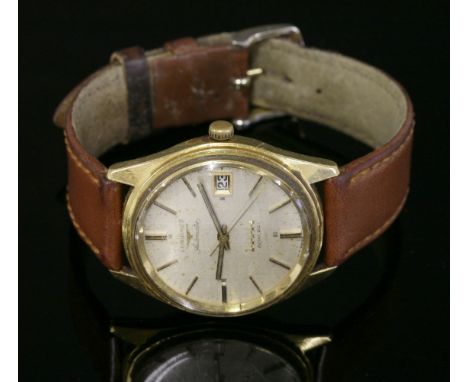 A gentlemen's 18ct gold Longines Five-Star Admiral automatic strap watch,silvered dial, raised gilt and black batons, date an