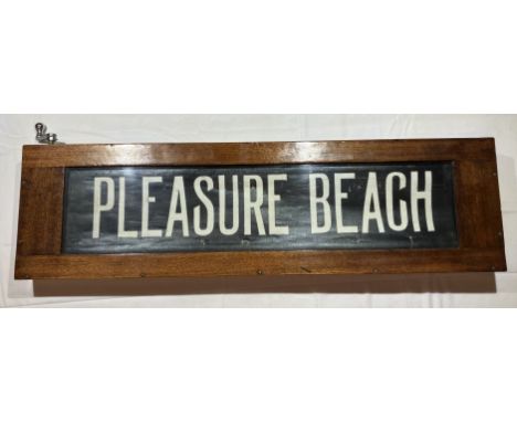 A wooden Blackpool Tram destination box with blind. Mechanism moves and changes the blind. Item in very good condition.