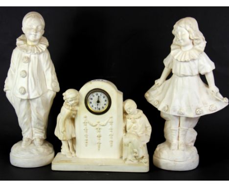 A 1930's 'chalk' mantle clock, H. 20cm, and two figures, 36cm.