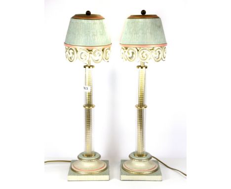 An interesting pair of glass, ceramic and gilt metal table lamps, H. 59cm.