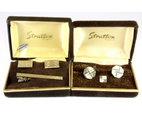 Two boxed vintage sets of Stratton cufflinks and matching tie pin.