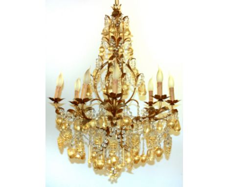 A superb gilt metal and murano glass eight branch chandelier light fitting with gilt glass fruit decoration, H. 138cm, Dia. 7