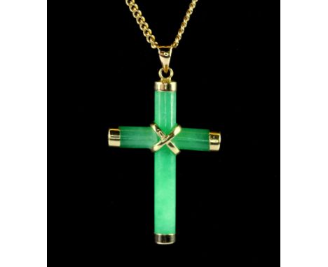 A yellow metal (tested minimum 9ct gold) jade cross pendant and chain.