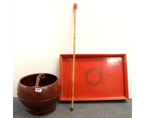 A Chinese lacquered wooden bucket, tray and walking stick.