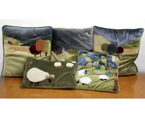 A set of five vintage handmade applique cushions, largest 45 x 45cm.