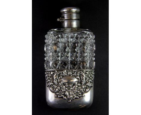 An American/ Canadian 925 sterling silver cut crystal spirit flask and cup, H. 13cm.