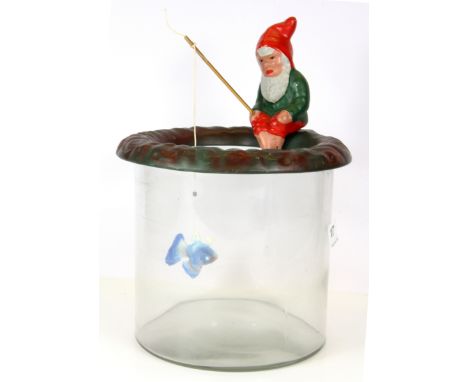 A 1920's ceramic and glass gnome goldfish bowl, H. 29cm.