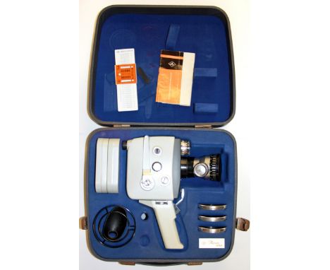 A cased vintage Movex cine camera.