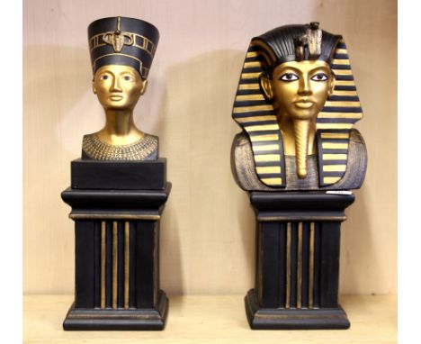 Two ceramic figures of Tutankhamun and Nefertiti on ceramic pedestals, H. 48cm.