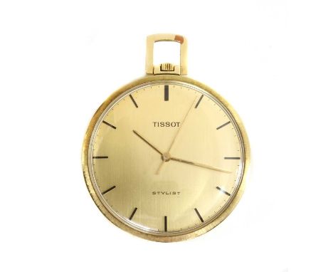 A 14ct gold Tissot 'Stylist' open-faced pocket watch, with a slimline 41mm case, champagne dial with black raised batons and 