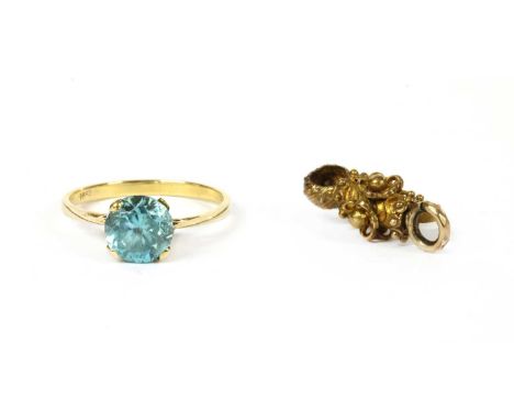 A quantity of jewellery, to include a gold single stone blue zircon ring, one claw deficient, tested as approximately 18ct go