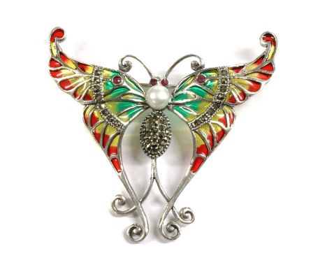 A silver plique-à-jour enamel butterfly brooch, with red, yellow and green plique-à-jour enamel wings, marcasite set abdomen,