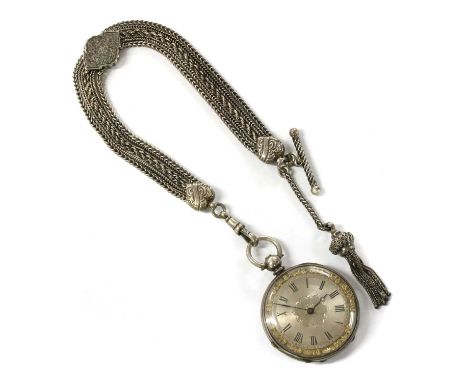 A silver key wound open-faced fob watch, 37mm diameter with a silvered dial, black Roman numerals and blued hands, with engin