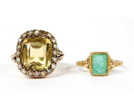 Two gold rings, to include a Victorian citrine and split pearl cluster, with a cushion cut citrine, claw set, to surround of 