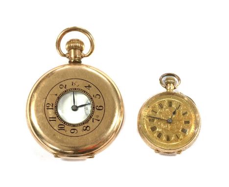 A Contintental gold open-faced pin set fob watch, 33mm diameter with an engraved gilt dial, Roman numerals and blued spade ha