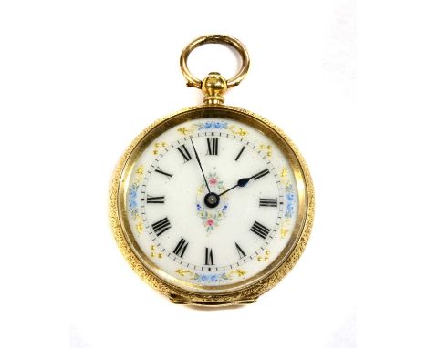  A gold key wound open-faced fob watch, 39mm diameter with a white enamel dial, black Roman numerals and blued hands, with en