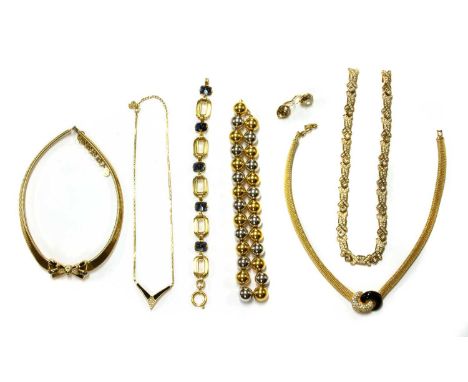 A quantity of costume jewellery, to include a Christian Dior necklace with a black enamel and paste set centrepiece with text