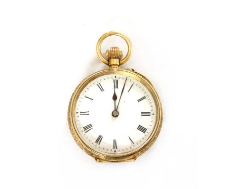 A gold open-faced pin set fob watch, 31mm diameter with a white enamel dial, black Roman numerals and blued spade hands, with