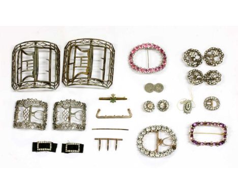 A pair of Georgian black dot paste shoe buckles, together with a pair of Georgian pierced metal shoe buckles, a silver pink a