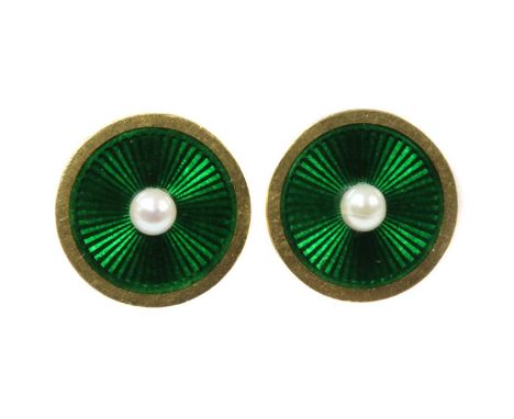 A pair of gold pearl and guilloché enamel earrings, later converted from cufflinks, a cultured freshwater pearl, peg set to a