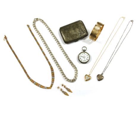 A quantity of jewellery, to include a silver open-faced fob watch, marked 0.800, a silver curb link chain with side lever cla