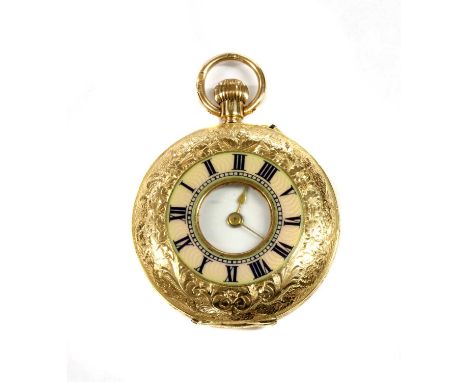 A 15ct gold enamel half hunter style pin set fob watch, 35mm diameter, with a guilloché enamel chapter ring to the front cove