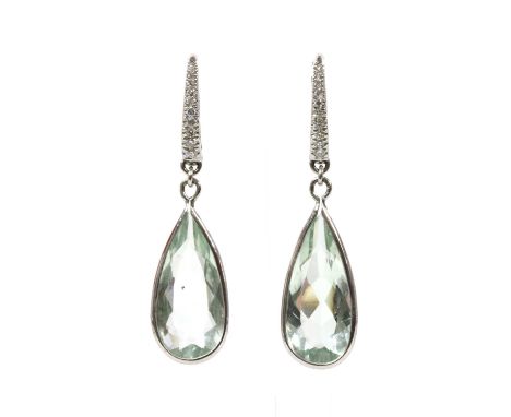 A pair of white gold green beryl and diamond drop earrings, with a hinged oval hoop-style top, with a row of graduated brilli